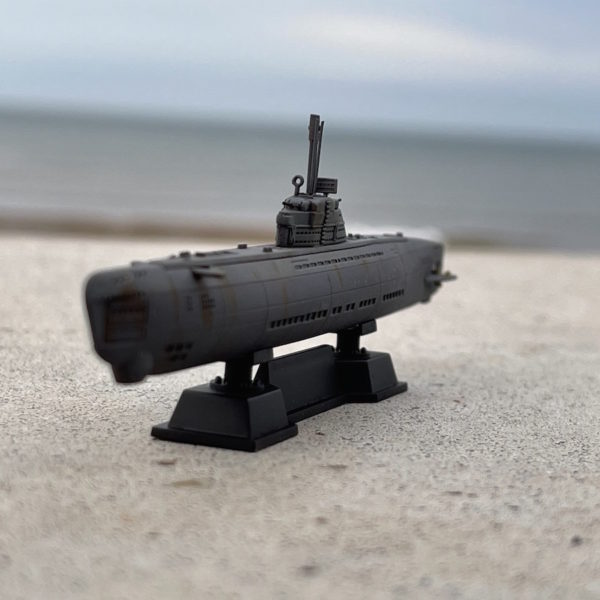 front view of model submarine on the shore